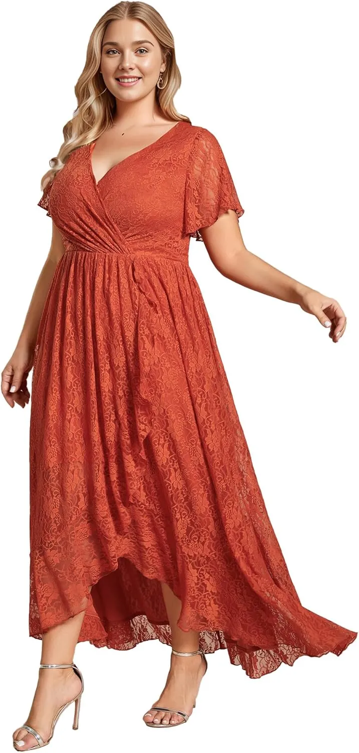 Ever-Pretty Women's V Neck Ruffles Sleeves High Low Lace Plus Size Summer Cocktail Party Wedding Guest Dresses 01489-DAPH