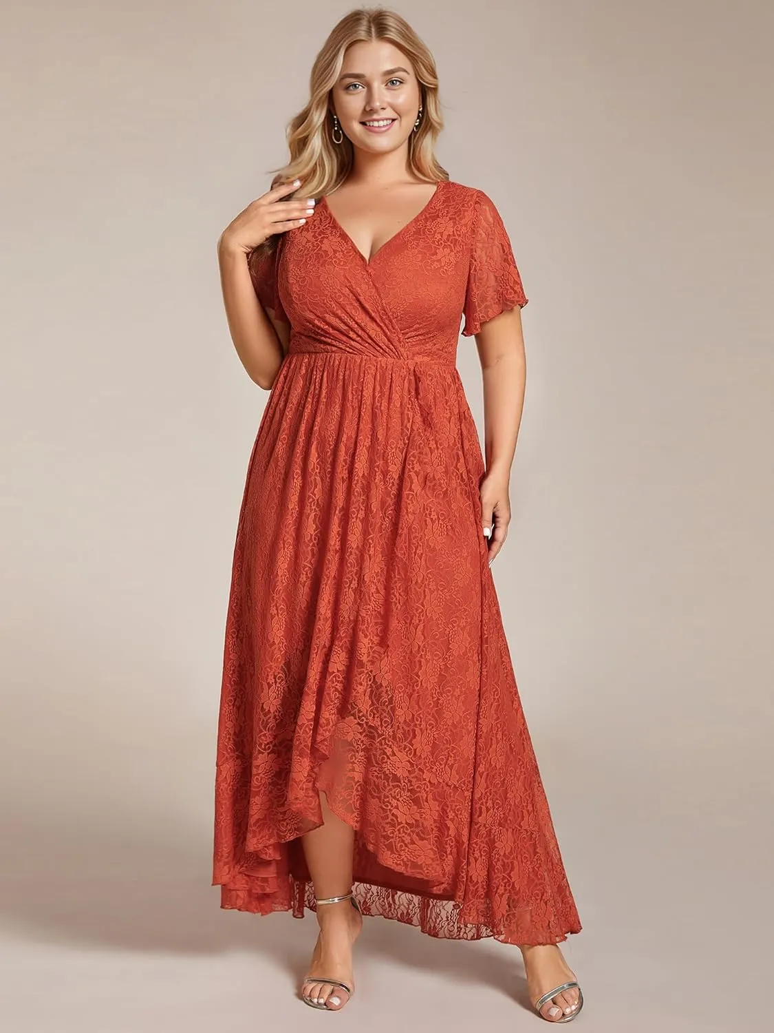 Ever-Pretty Women's V Neck Ruffles Sleeves High Low Lace Plus Size Summer Cocktail Party Wedding Guest Dresses 01489-DAPH