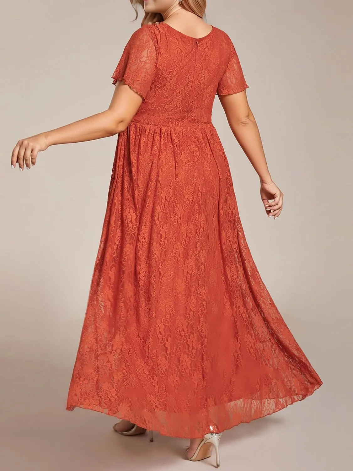 Ever-Pretty Women's V Neck Ruffles Sleeves High Low Lace Plus Size Summer Cocktail Party Wedding Guest Dresses 01489-DAPH
