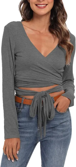 Famulily Women's Sexy Deep V Neck Bandage Surplice Wrap Crop Top