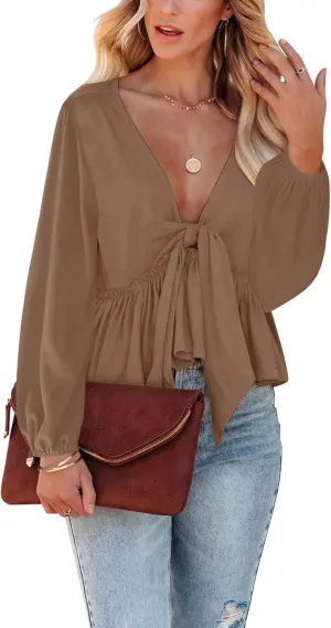 Fanway&EC Women's Long Sleeve V Neck Blouses Babydoll Tie Front Shirts Ruffle Hem Casual Crop Tops