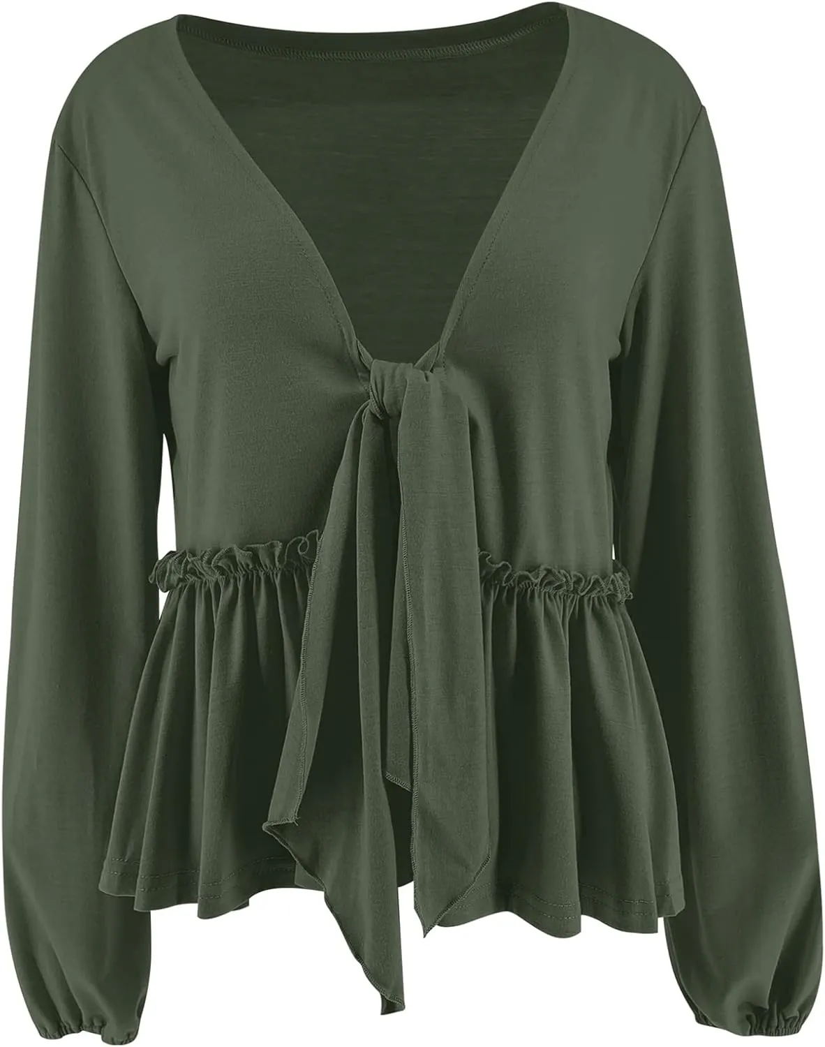 Fanway&EC Women's Long Sleeve V Neck Blouses Babydoll Tie Front Shirts Ruffle Hem Casual Crop Tops