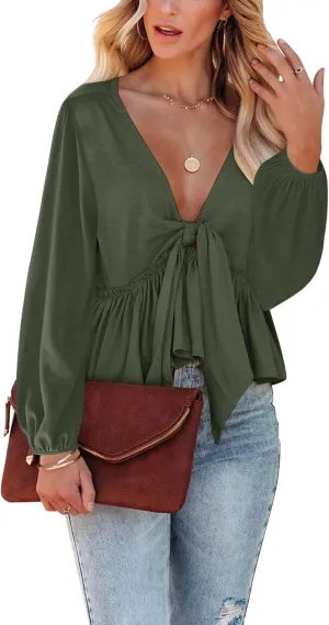 Fanway&EC Women's Long Sleeve V Neck Blouses Babydoll Tie Front Shirts Ruffle Hem Casual Crop Tops