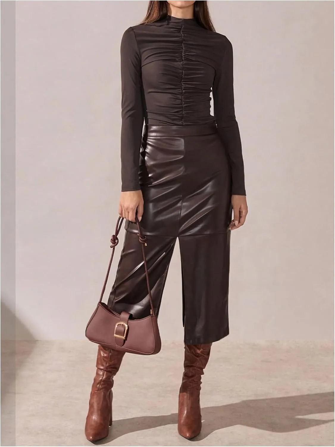 Floerns Women's Elegant Leather High Waist Midi Skirt Slit Hem Office A Line Skirt
