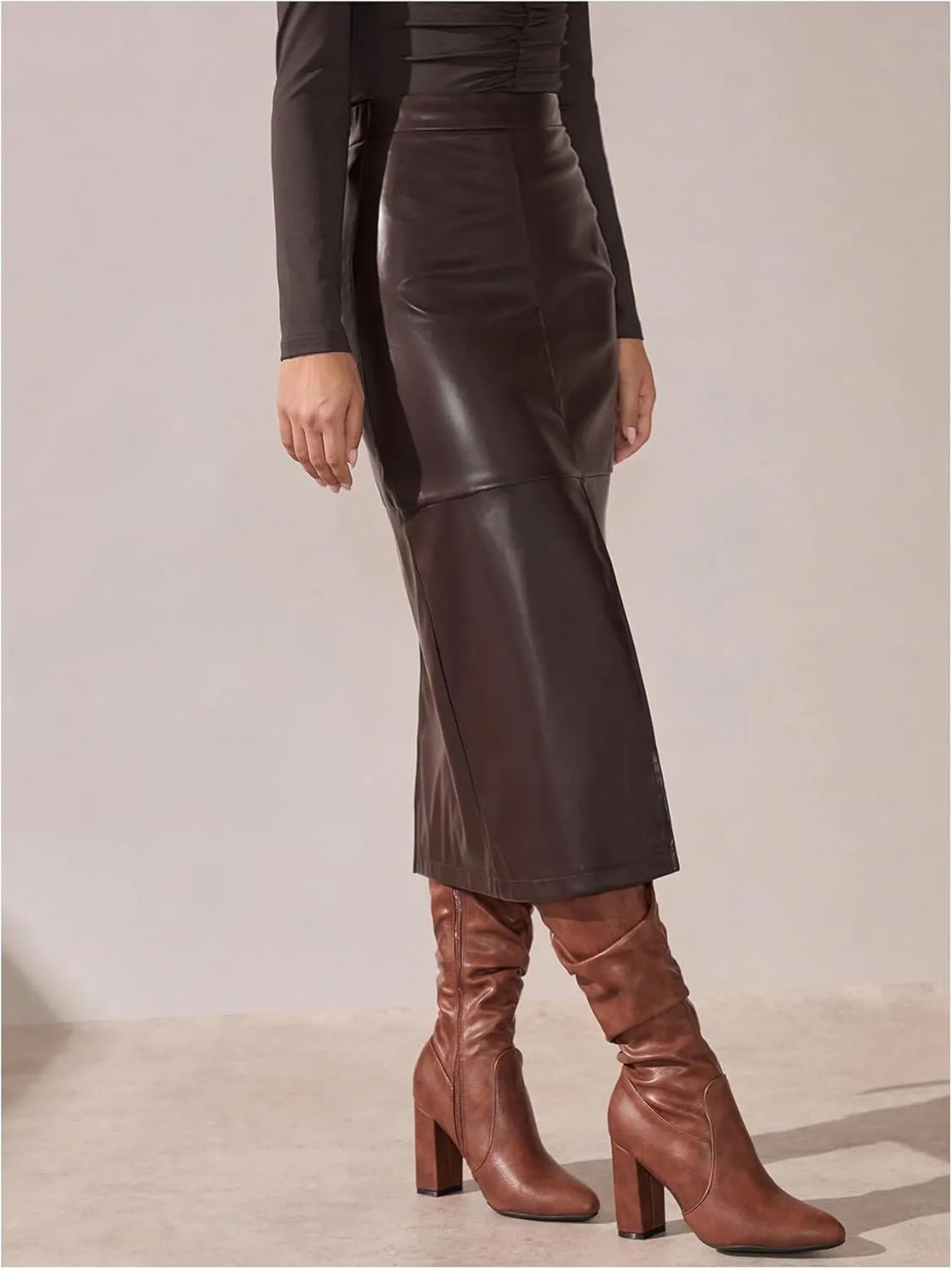 Floerns Women's Elegant Leather High Waist Midi Skirt Slit Hem Office A Line Skirt