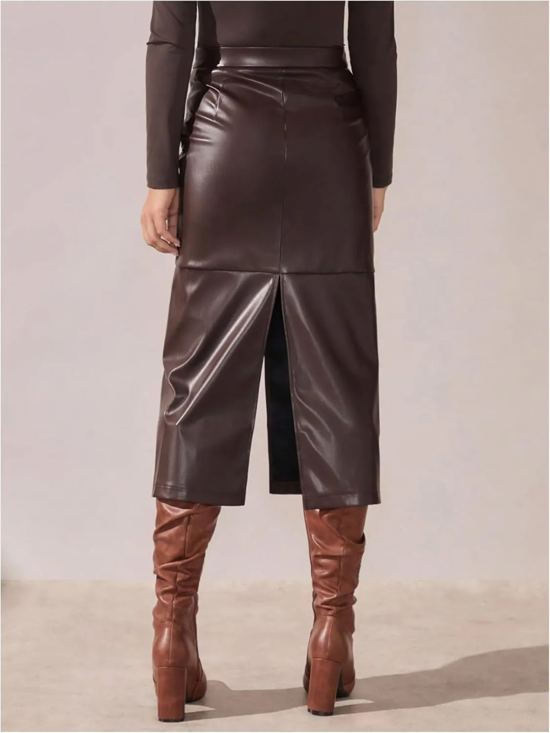 Floerns Women's Elegant Leather High Waist Midi Skirt Slit Hem Office A Line Skirt