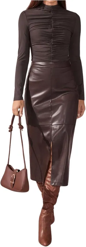 Floerns Women's Elegant Leather High Waist Midi Skirt Slit Hem Office A Line Skirt