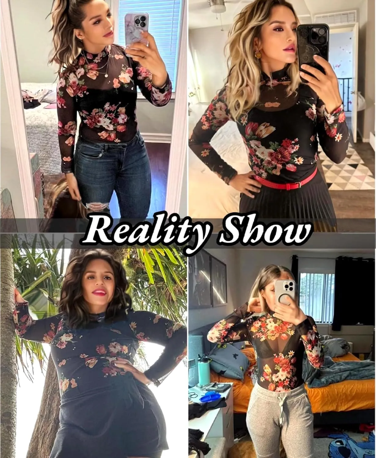 Floral Mesh Long Sleeve Tops for Women Mock Neck See Through Fitted Sexy Going Out Top
