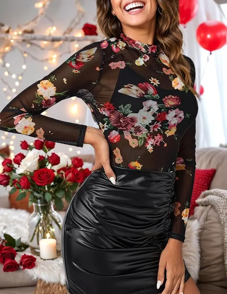 Floral Mesh Long Sleeve Tops for Women Mock Neck See Through Fitted Sexy Going Out Top