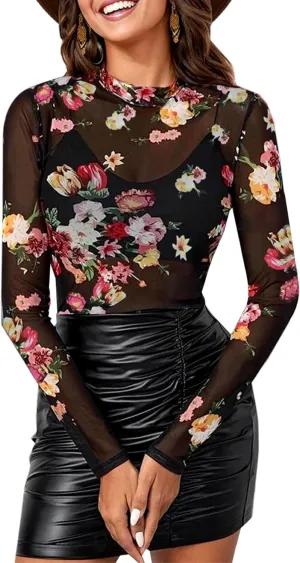 Floral Mesh Long Sleeve Tops for Women Mock Neck See Through Fitted Sexy Going Out Top