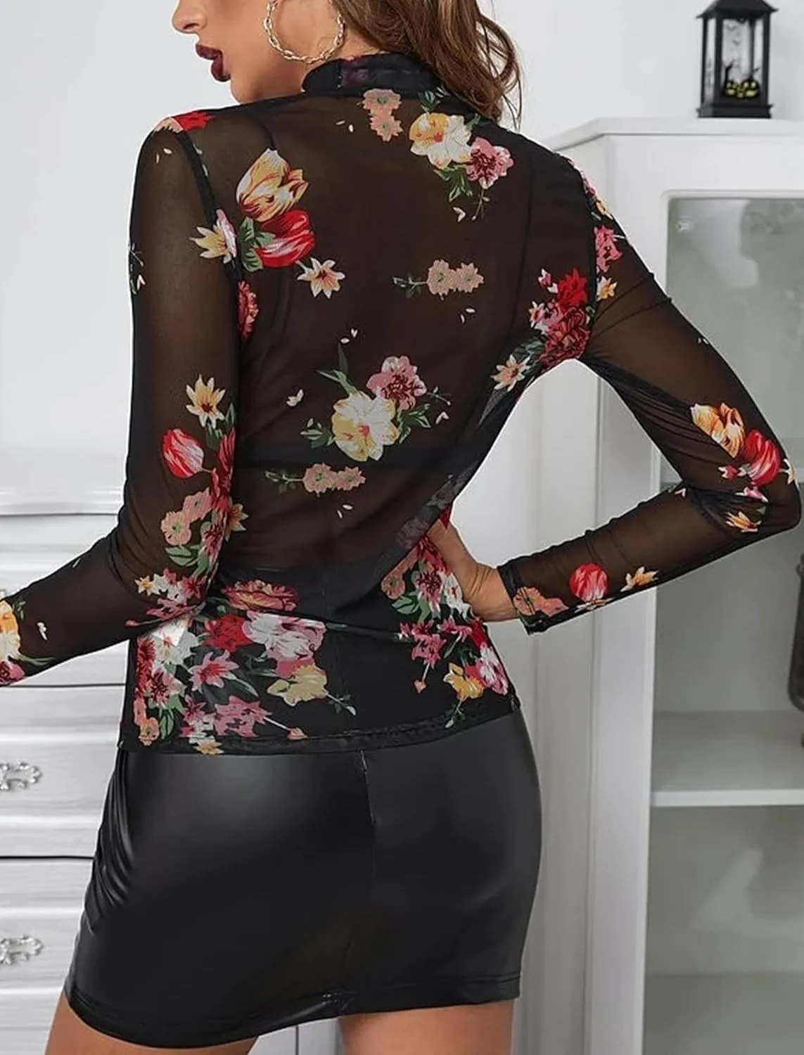 Floral Mesh Long Sleeve Tops for Women Mock Neck See Through Fitted Sexy Going Out Top