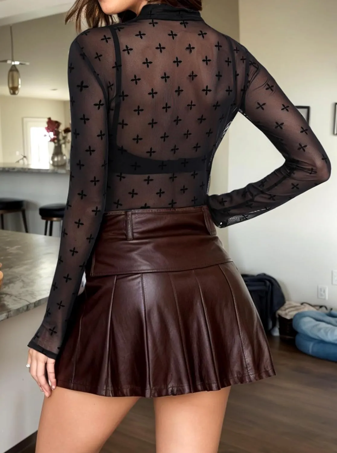 Floral Mesh Long Sleeve Tops for Women Mock Neck See Through Fitted Sexy Going Out Top