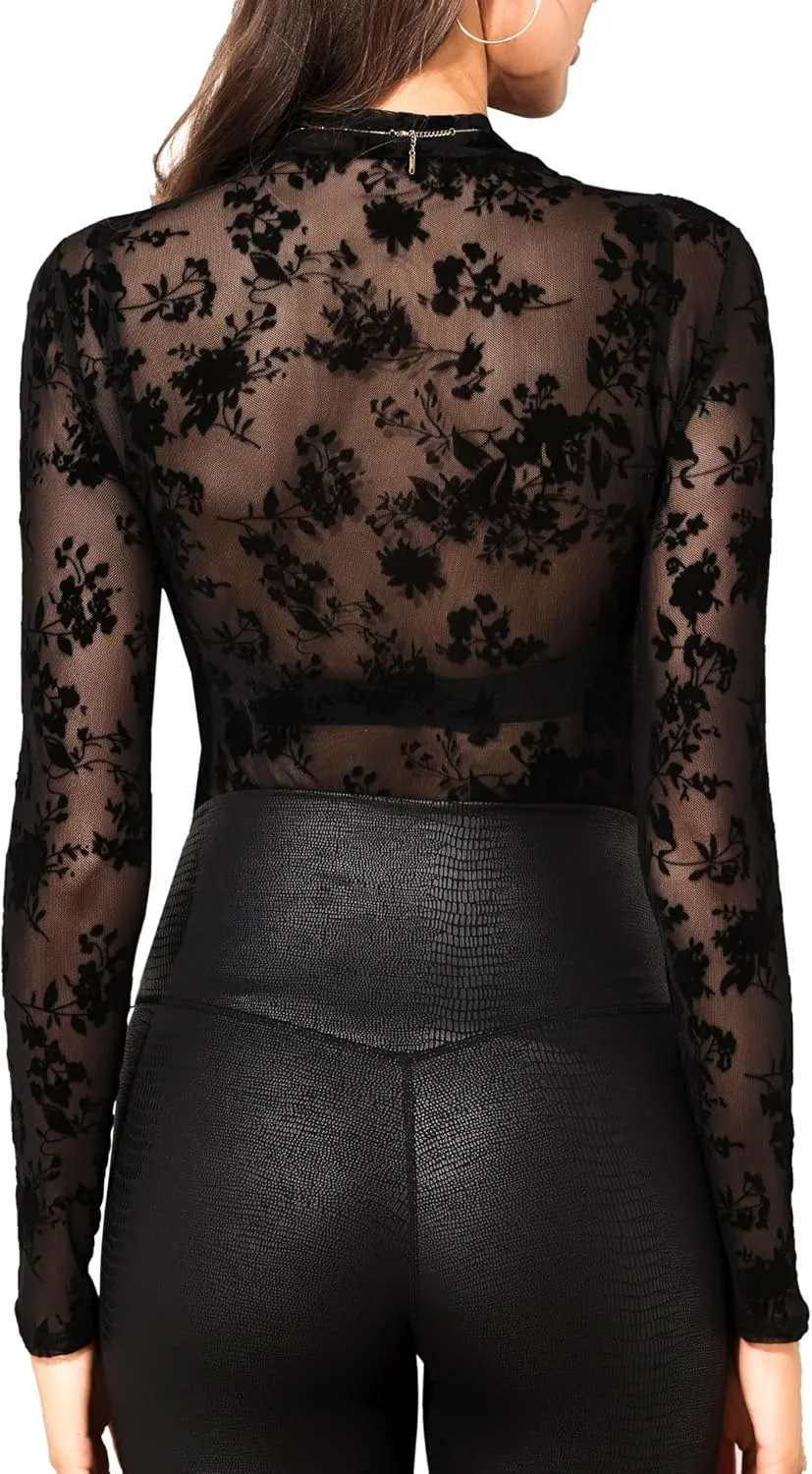 Floral Mesh Long Sleeve Tops for Women Mock Neck See Through Fitted Sexy Going Out Top