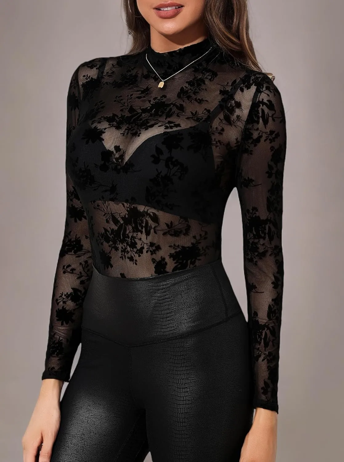 Floral Mesh Long Sleeve Tops for Women Mock Neck See Through Fitted Sexy Going Out Top