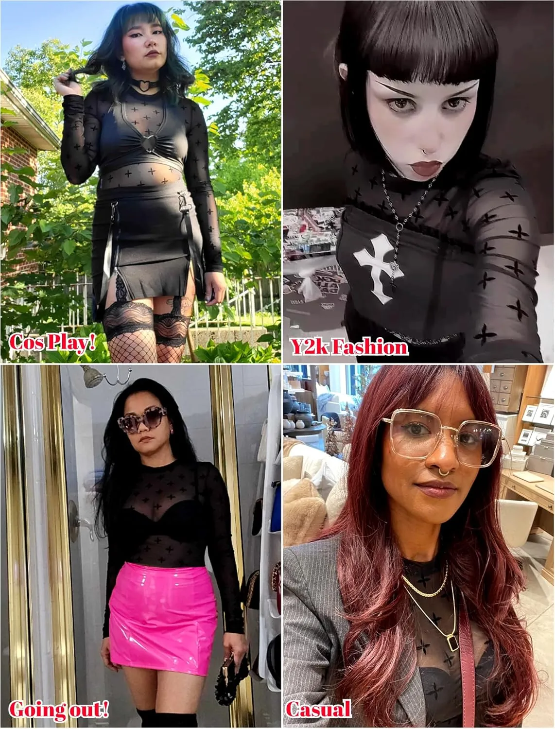 Floral Mesh Long Sleeve Tops for Women Mock Neck See Through Fitted Sexy Going Out Top