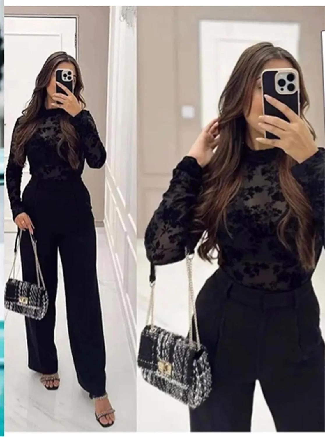 Floral Mesh Long Sleeve Tops for Women Mock Neck See Through Fitted Sexy Going Out Top