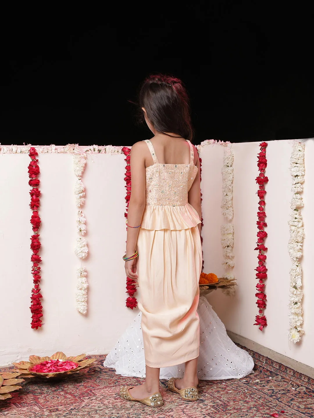 Jashvi Girls' Peach Cotton Blend Embroidered Top With Draped Skirt