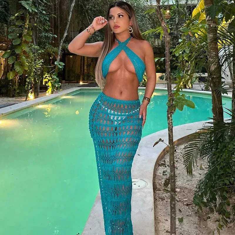 Joskaa Blue Knitted Beach Outfits Women Sexy Halter Backless Crop Top and Maxi Skirt Sets Summer Solid Bikini Cover Up Two Piece Set
