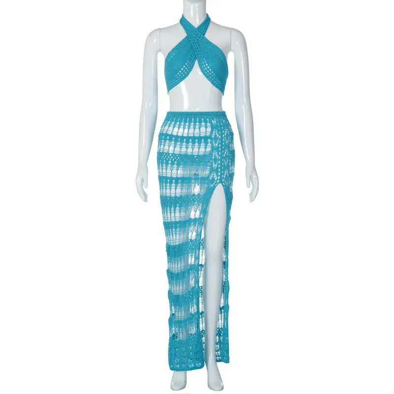 Joskaa Blue Knitted Beach Outfits Women Sexy Halter Backless Crop Top and Maxi Skirt Sets Summer Solid Bikini Cover Up Two Piece Set