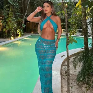 Joskaa Blue Knitted Beach Outfits Women Sexy Halter Backless Crop Top and Maxi Skirt Sets Summer Solid Bikini Cover Up Two Piece Set