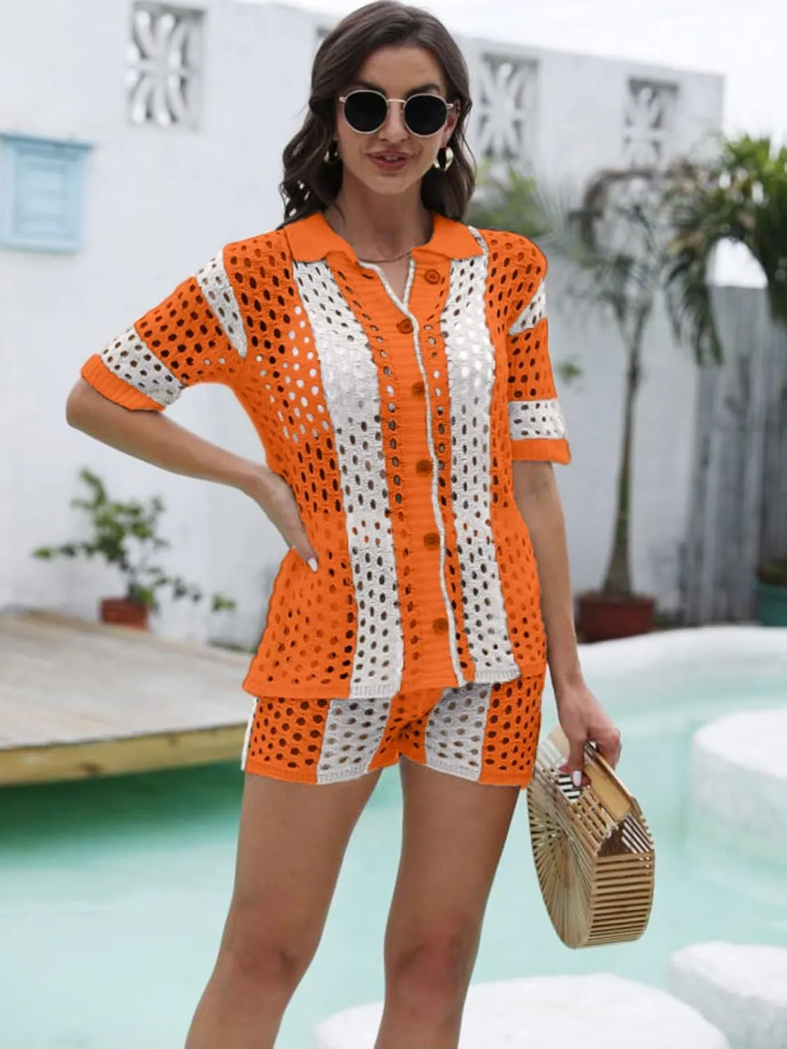 KANSOON Short Sets Women 2 Piece Outfits Knit Color Block Short Sleeve Button Down Shirt and Shorts Set