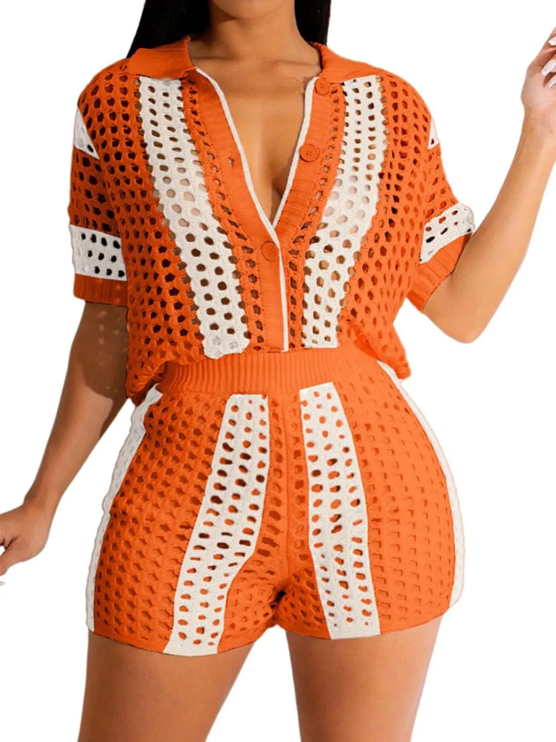 KANSOON Short Sets Women 2 Piece Outfits Knit Color Block Short Sleeve Button Down Shirt and Shorts Set