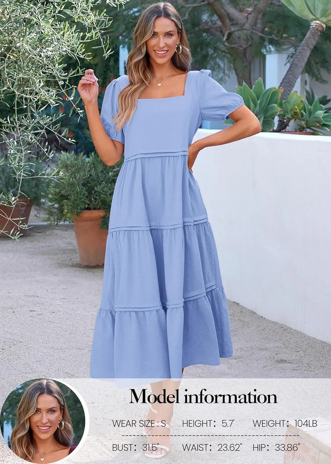 KIRUNDO Women Summer Dresses 2024 Spring Fashion Boho Puff Sleeve Square Neck Pocketed Loose Fit Tiered Flowy Maxi Dress