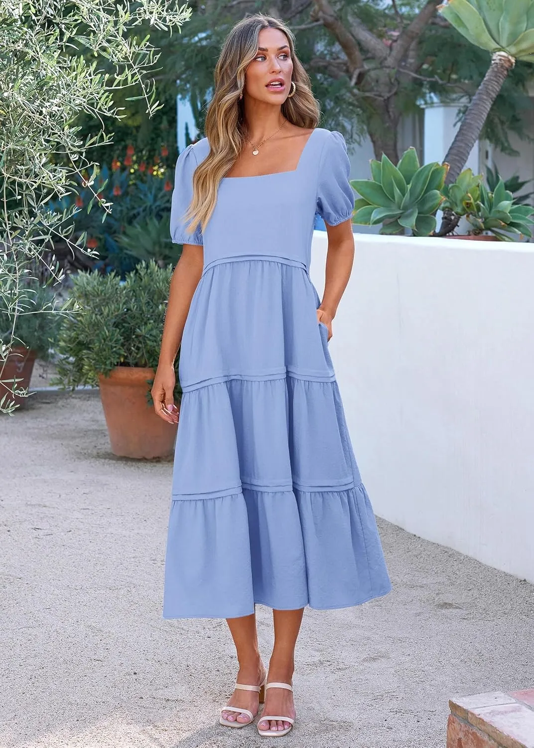 KIRUNDO Women Summer Dresses 2024 Spring Fashion Boho Puff Sleeve Square Neck Pocketed Loose Fit Tiered Flowy Maxi Dress