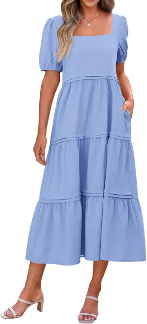 KIRUNDO Women Summer Dresses 2024 Spring Fashion Boho Puff Sleeve Square Neck Pocketed Loose Fit Tiered Flowy Maxi Dress