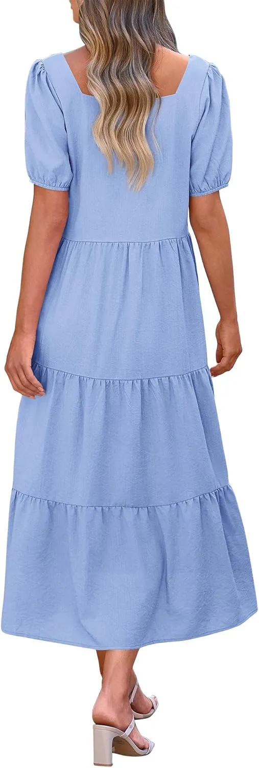 KIRUNDO Women Summer Dresses 2024 Spring Fashion Boho Puff Sleeve Square Neck Pocketed Loose Fit Tiered Flowy Maxi Dress