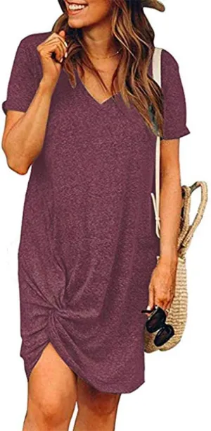 Locryz Women's Summer Twist Knot Tshirt Dresses Casual V Neck Short Sleeve Knot Dress