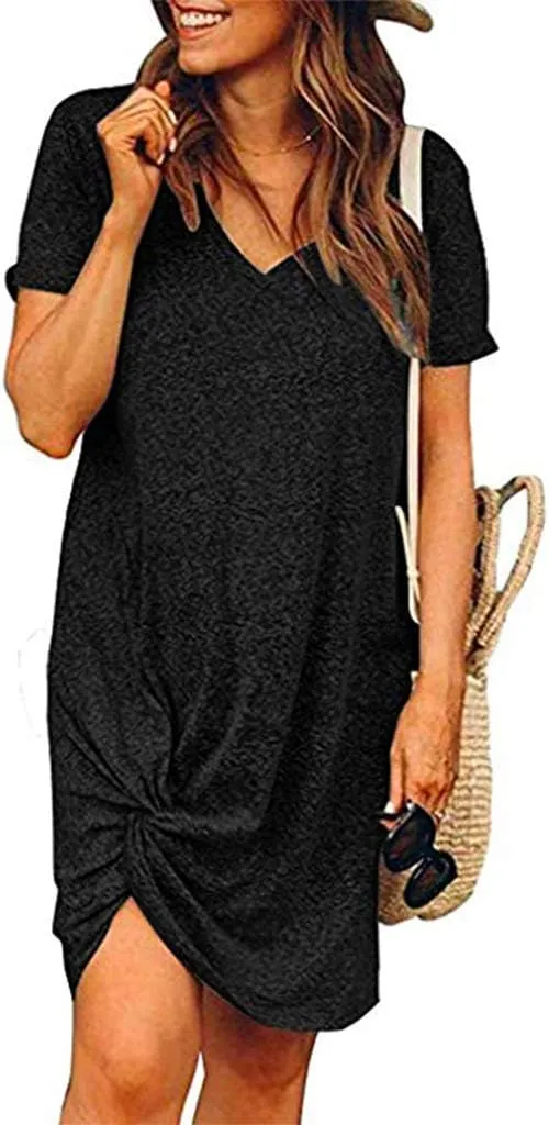 Locryz Women's Summer Twist Knot Tshirt Dresses Casual V Neck Short Sleeve Knot Dress