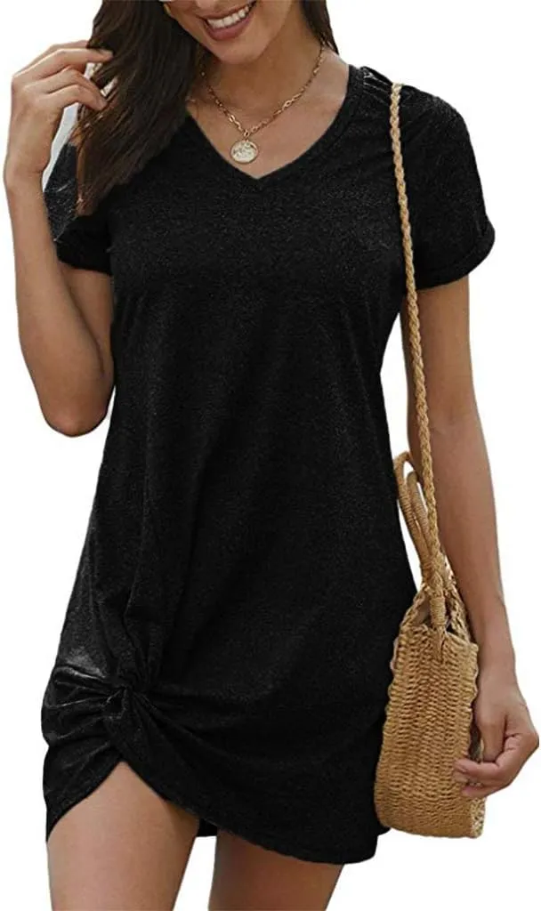 Locryz Women's Summer Twist Knot Tshirt Dresses Casual V Neck Short Sleeve Knot Dress