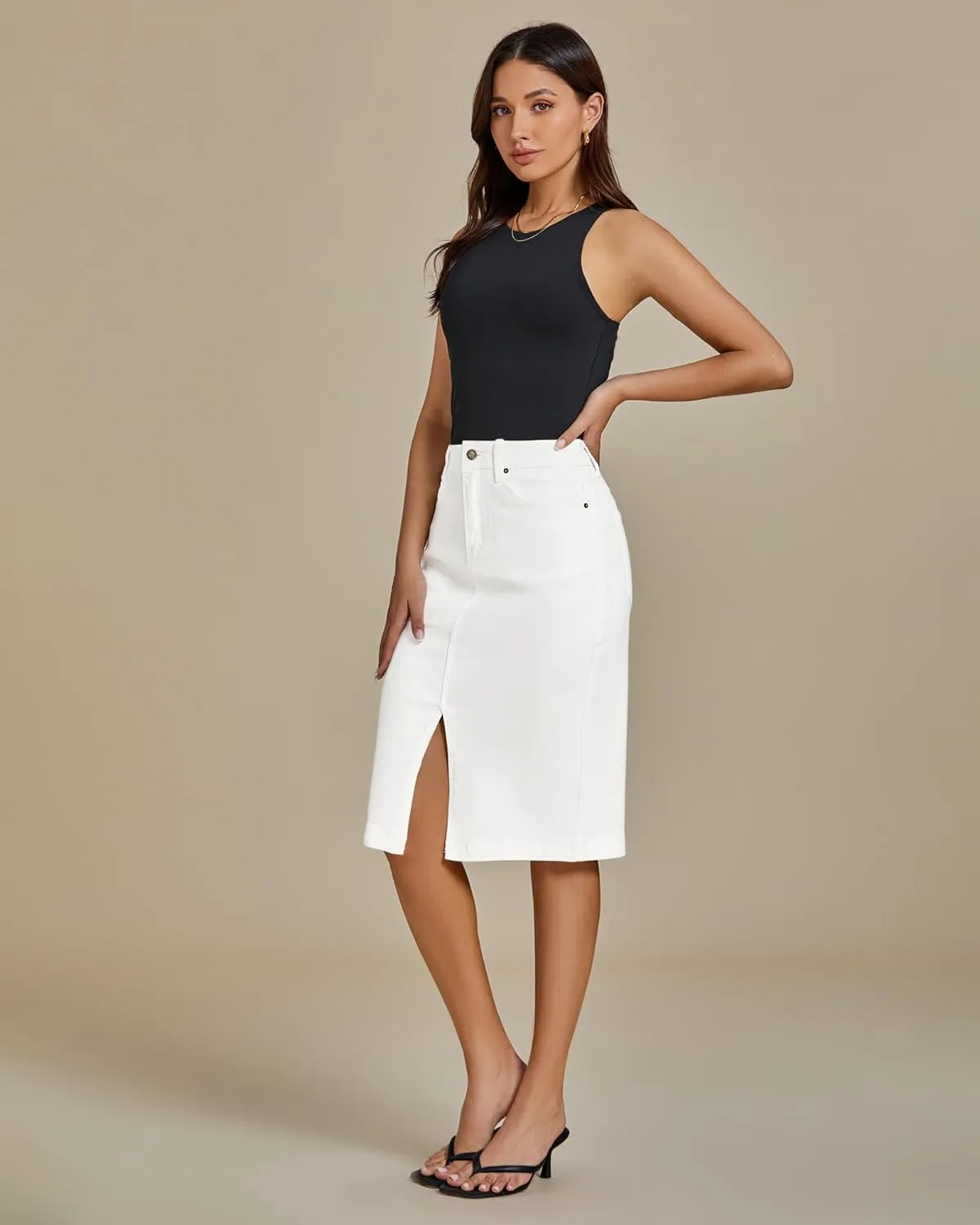luvamia Jean Skirts for Women Denim Trendy Summer Casual Stretchy High Waisted Midi Below Knee Pencil Skirt with Slit