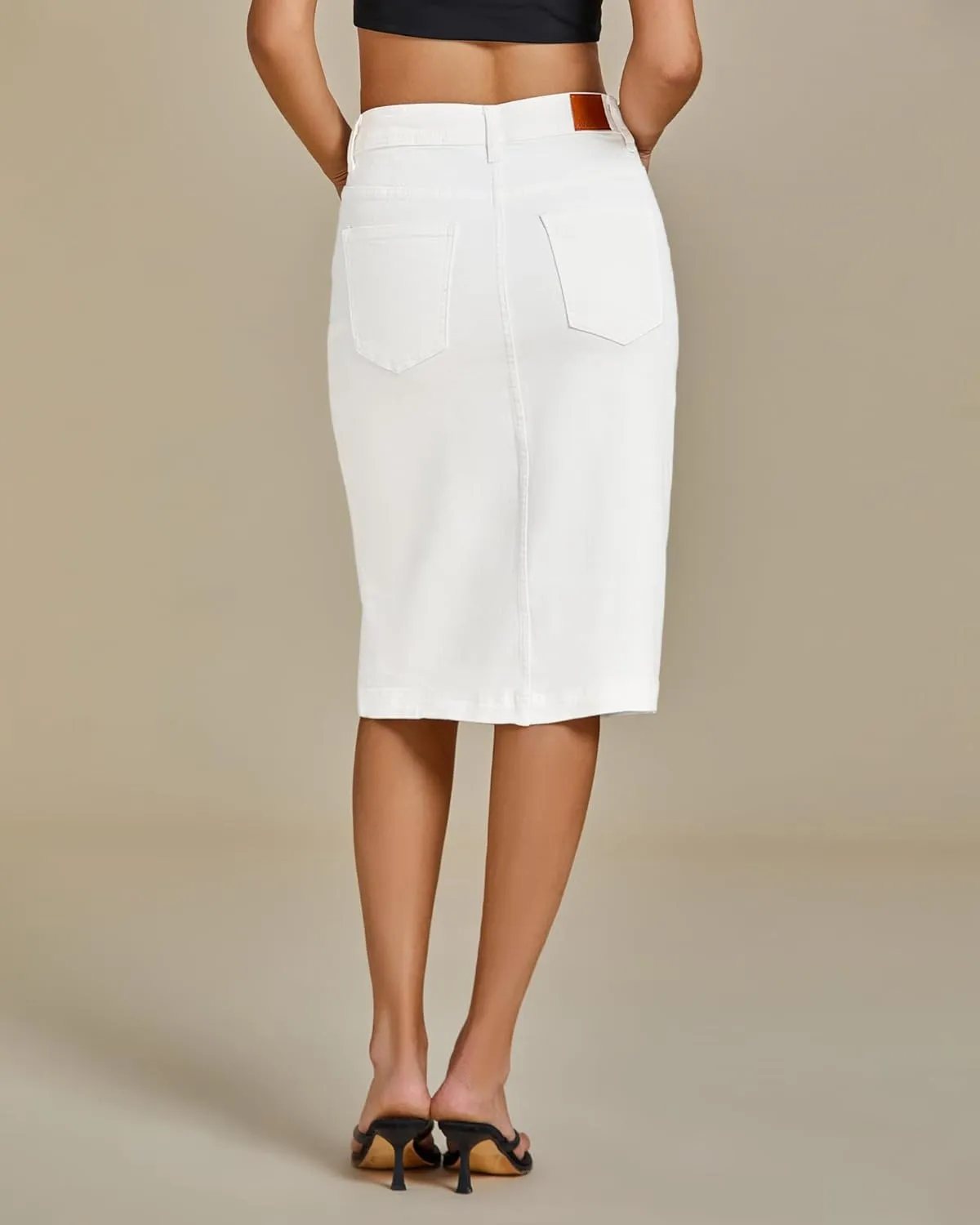 luvamia Jean Skirts for Women Denim Trendy Summer Casual Stretchy High Waisted Midi Below Knee Pencil Skirt with Slit