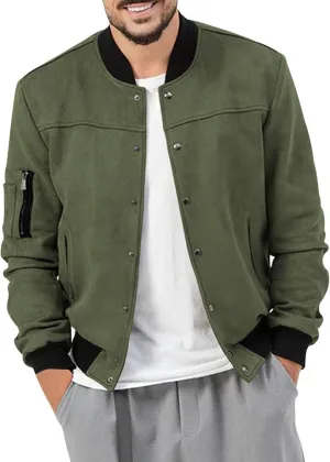 Men's Casual Varsity Jacket Vintage Lightweight Suede Bomber Jackets Classic Button Pure Color Flight Lounge Coats