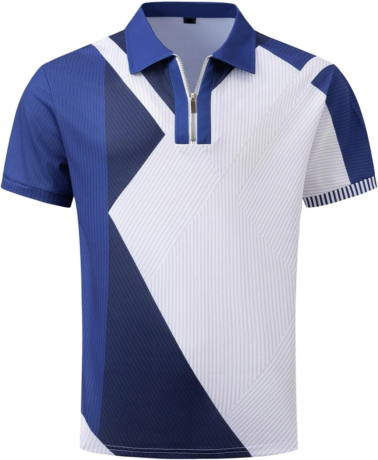 Men's Short Sleeve Polo Shirts Casual Zipper Collar T Shirt Contrast Color Patchwork Summer Golf Tops