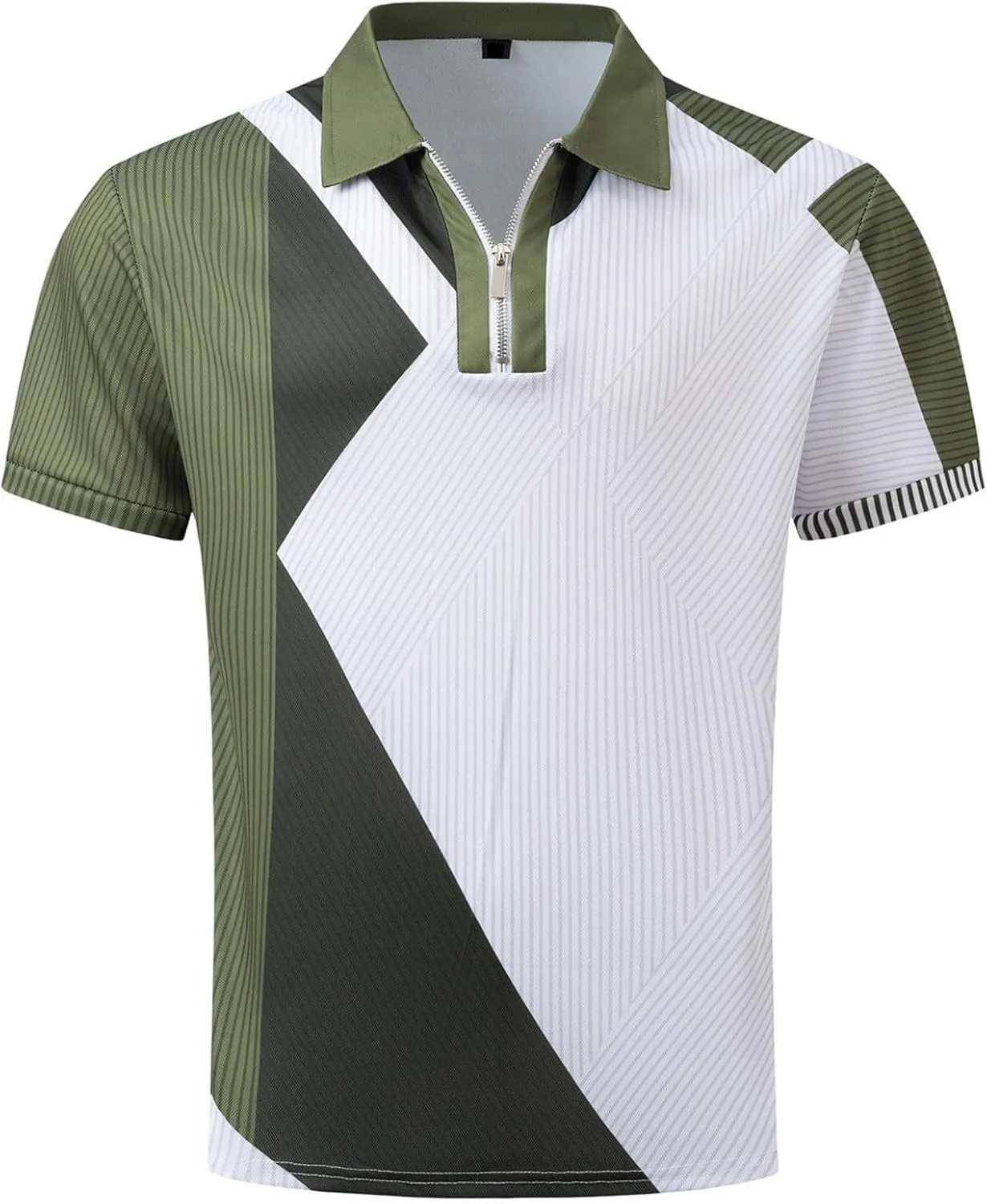 Men's Short Sleeve Polo Shirts Casual Zipper Collar T Shirt Contrast Color Patchwork Summer Golf Tops