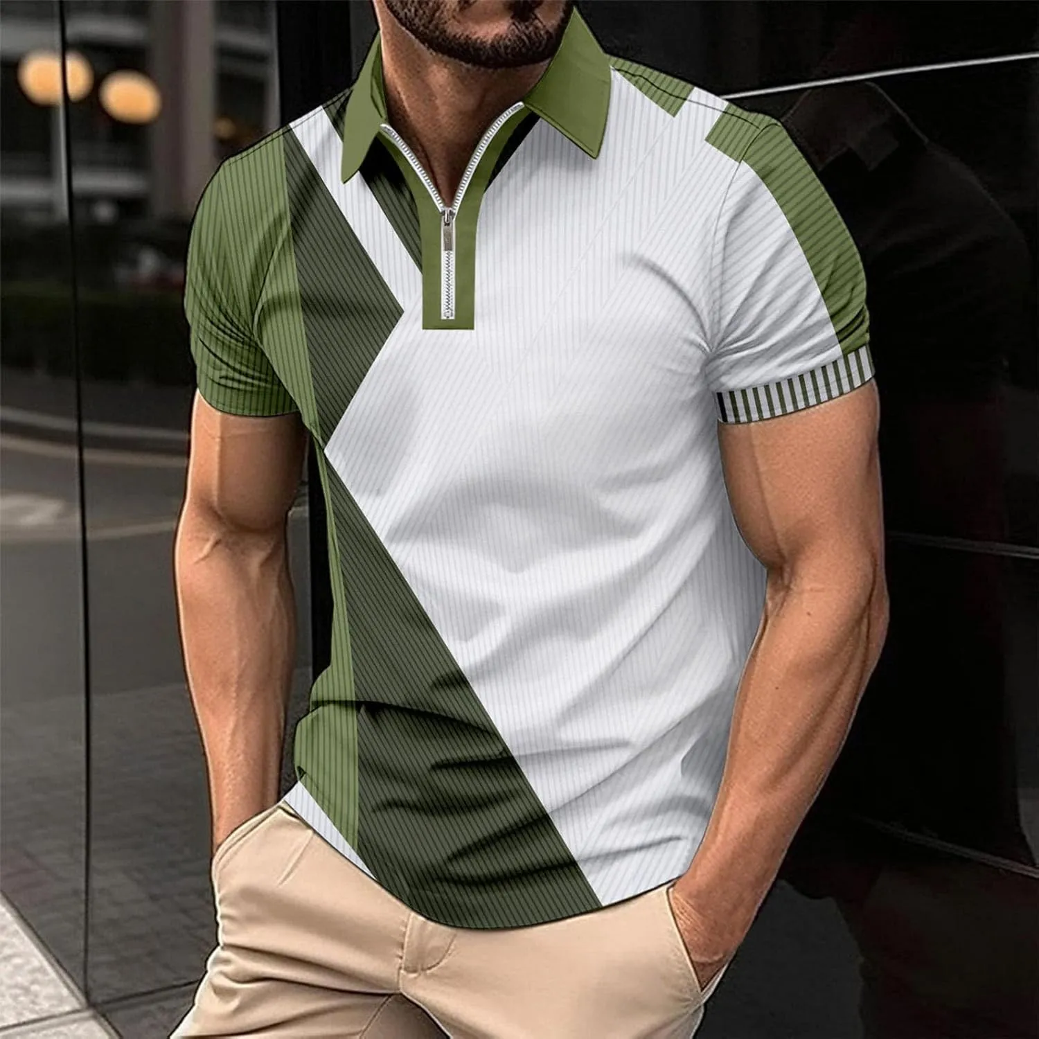 Men's Short Sleeve Polo Shirts Casual Zipper Collar T Shirt Contrast Color Patchwork Summer Golf Tops