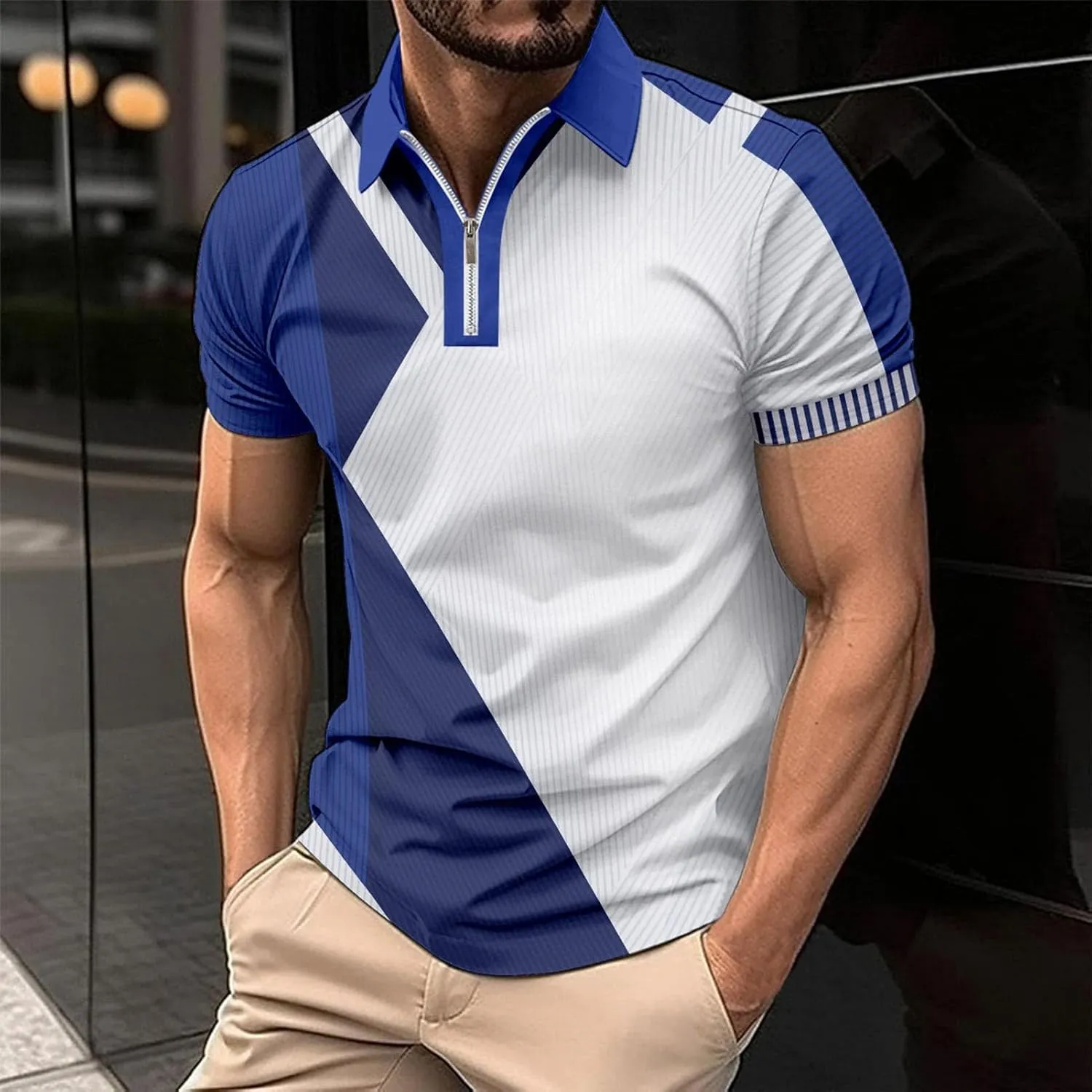 Men's Short Sleeve Polo Shirts Casual Zipper Collar T Shirt Contrast Color Patchwork Summer Golf Tops