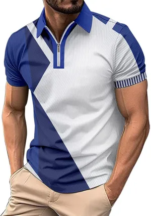 Men's Short Sleeve Polo Shirts Casual Zipper Collar T Shirt Contrast Color Patchwork Summer Golf Tops