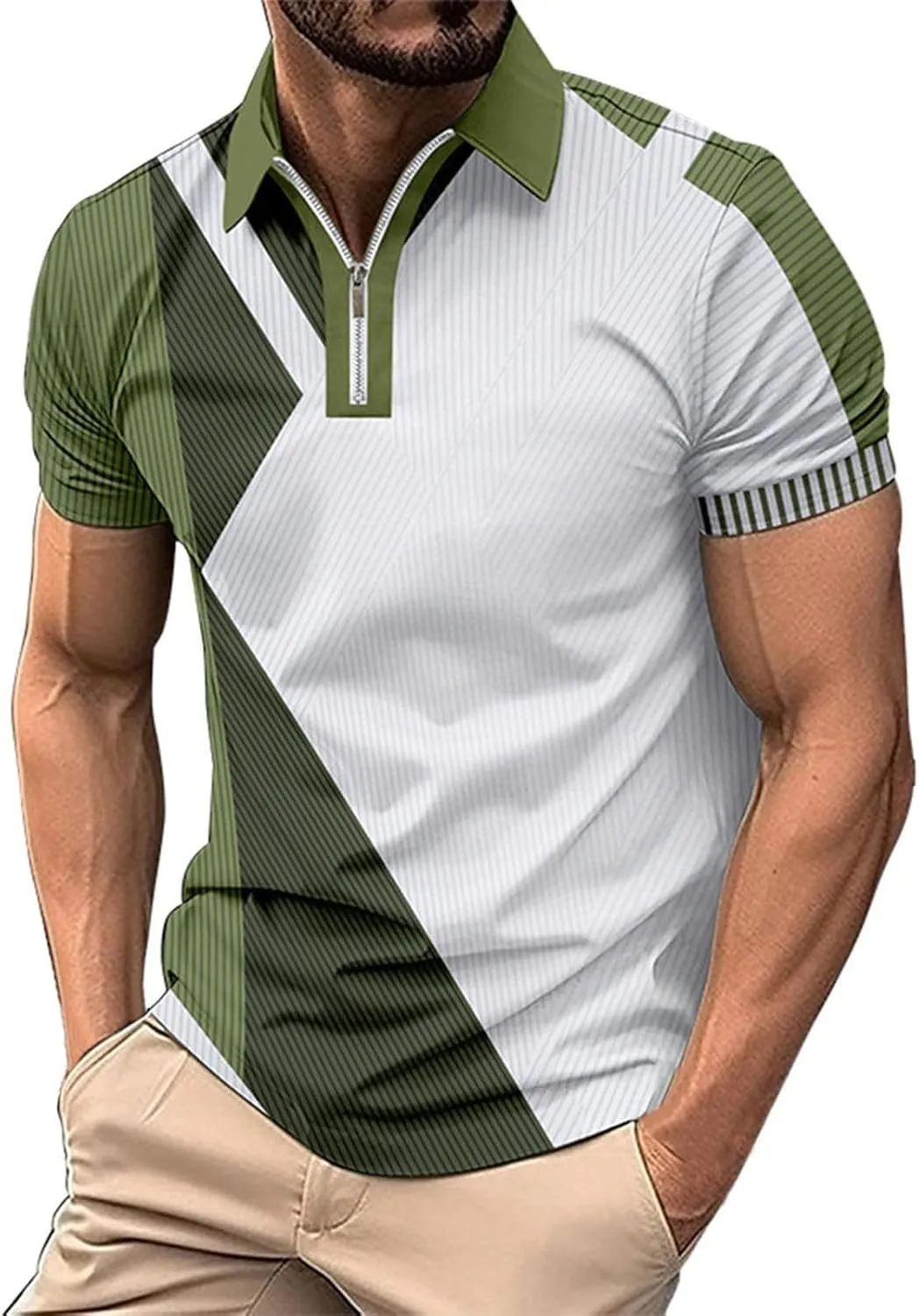 Men's Short Sleeve Polo Shirts Casual Zipper Collar T Shirt Contrast Color Patchwork Summer Golf Tops