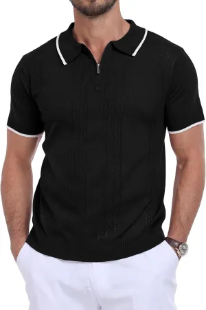 Men's Zipper Polo Shirts Casual Short Sleeve Hollow Out Knit Lightweight Golf Shirt