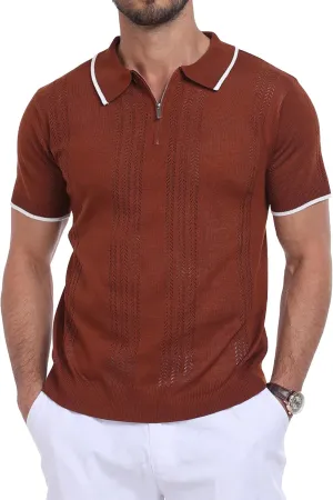 Men's Zipper Polo Shirts Casual Short Sleeve Hollow Out Knit Lightweight Golf Shirt