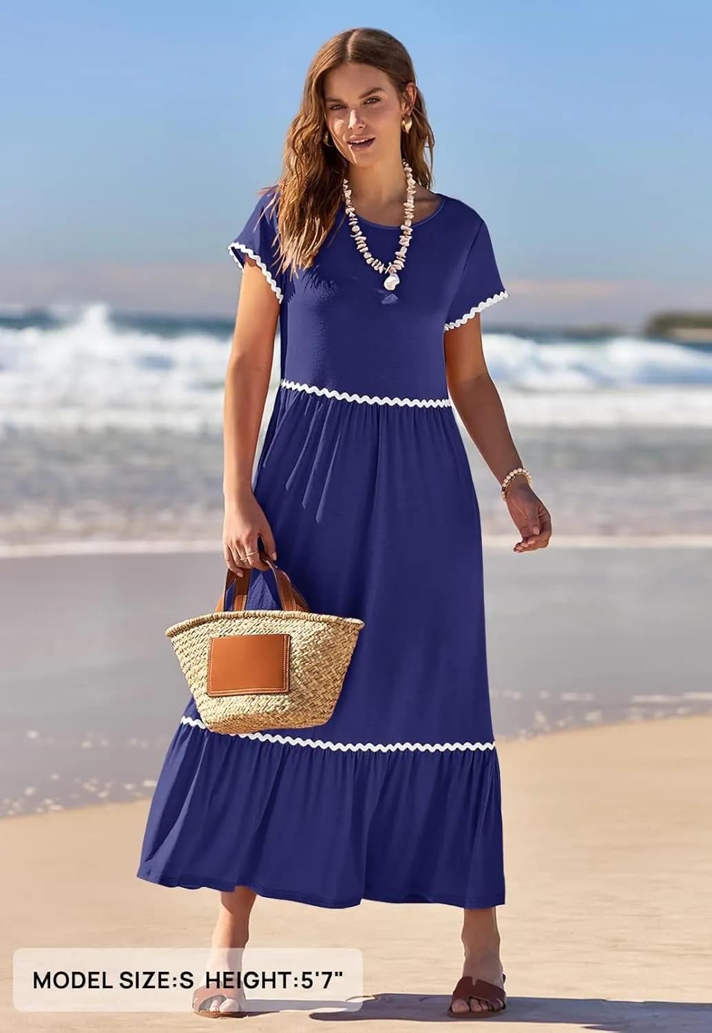 MEROKEETY Women's Summer Cap Sleeve Maxi Dresses Casual Crew Neck Flowy Tiered Beach Dress with Pockets