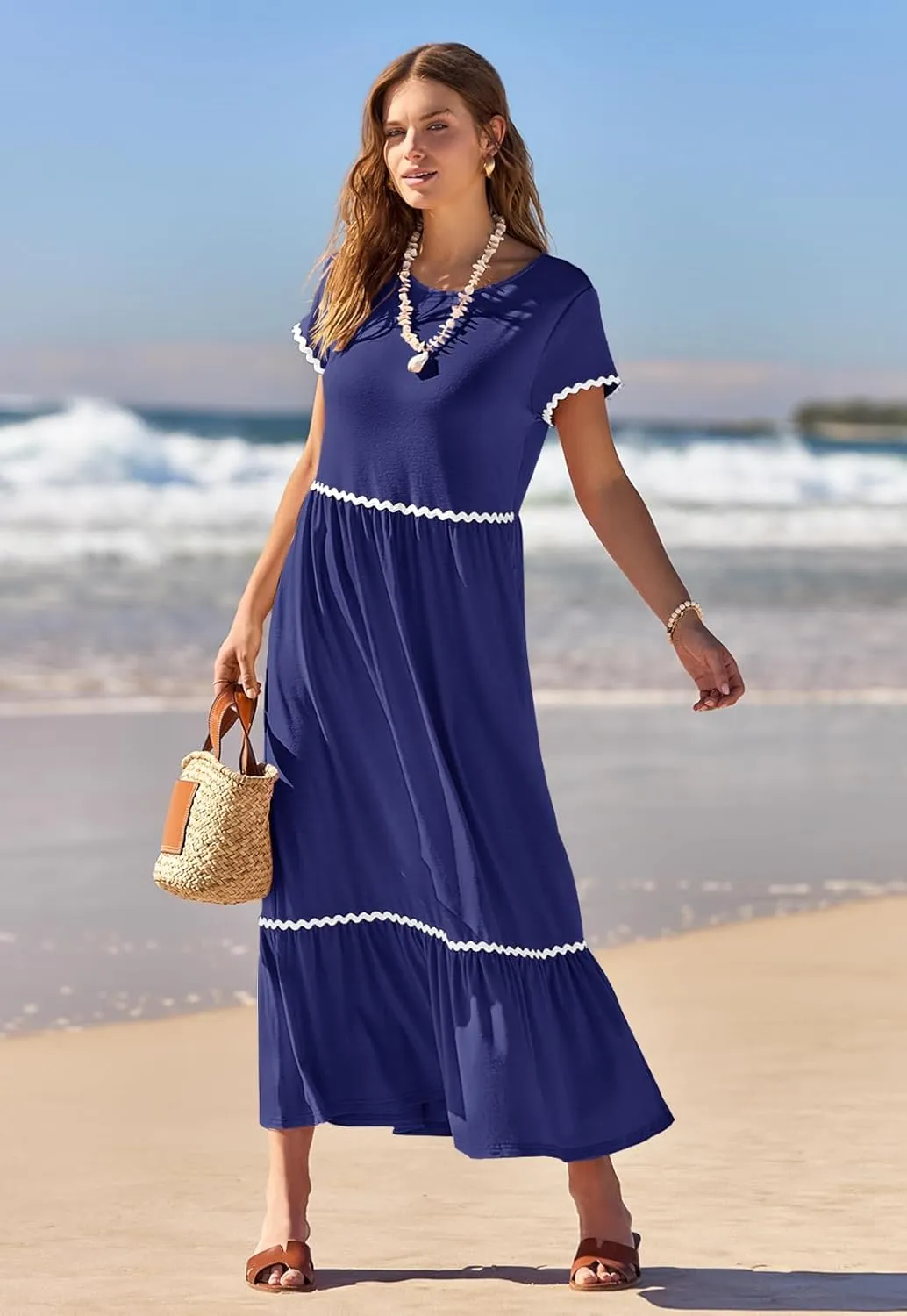 MEROKEETY Women's Summer Cap Sleeve Maxi Dresses Casual Crew Neck Flowy Tiered Beach Dress with Pockets
