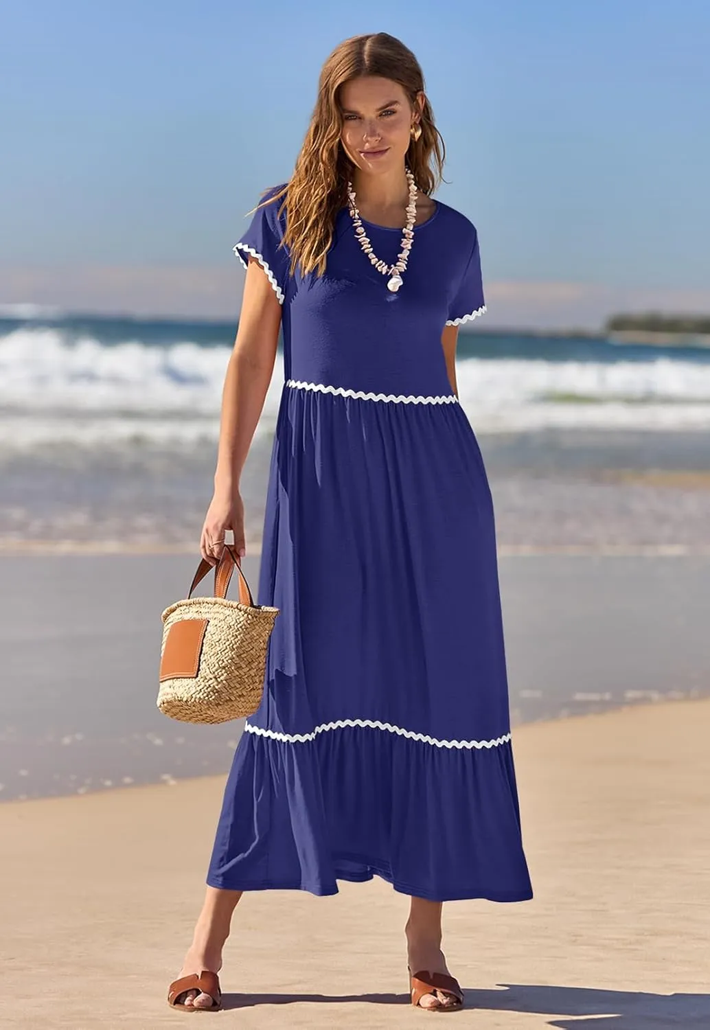 MEROKEETY Women's Summer Cap Sleeve Maxi Dresses Casual Crew Neck Flowy Tiered Beach Dress with Pockets