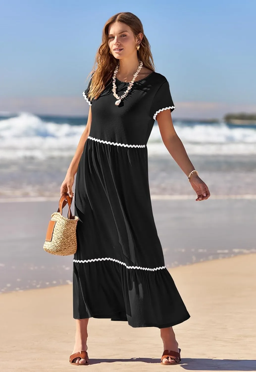 MEROKEETY Women's Summer Cap Sleeve Maxi Dresses Casual Crew Neck Flowy Tiered Beach Dress with Pockets