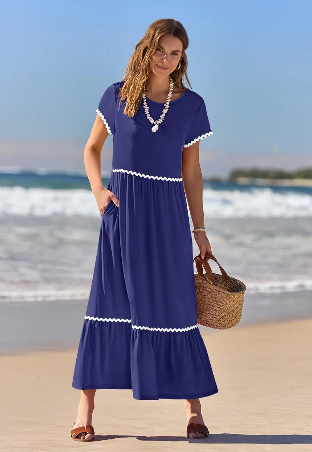 MEROKEETY Women's Summer Cap Sleeve Maxi Dresses Casual Crew Neck Flowy Tiered Beach Dress with Pockets