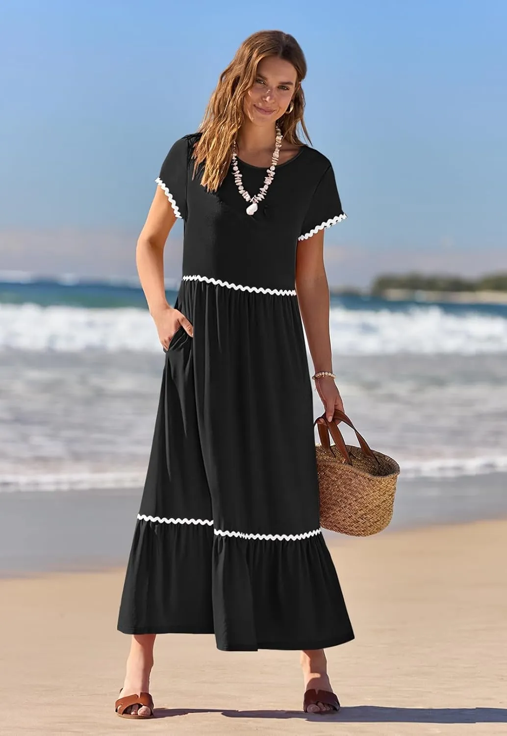 MEROKEETY Women's Summer Cap Sleeve Maxi Dresses Casual Crew Neck Flowy Tiered Beach Dress with Pockets